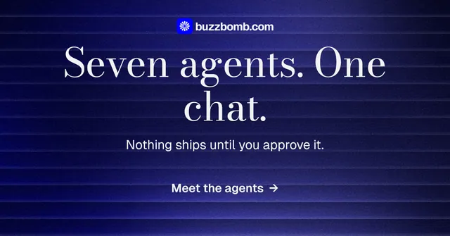 Social ad for BuzzBomb: "Seven agents. One chat." Minimal luxury style, centred layout, dark palette in blue.