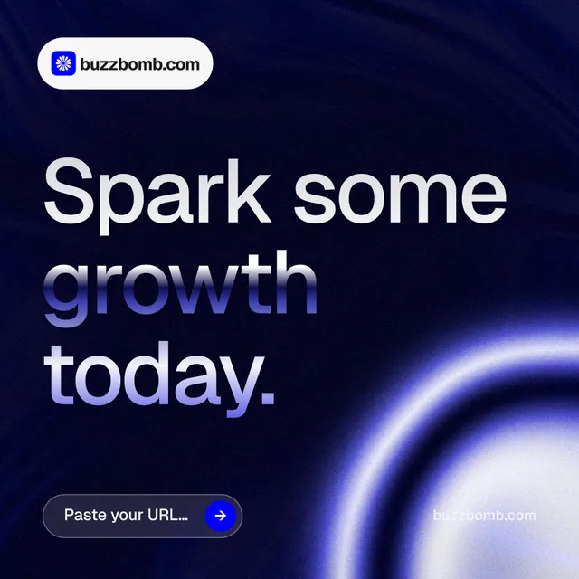Instagram post for BuzzBomb: "Spark some growth today." Agentic glass style, poster layout, dark palette in black, blue.