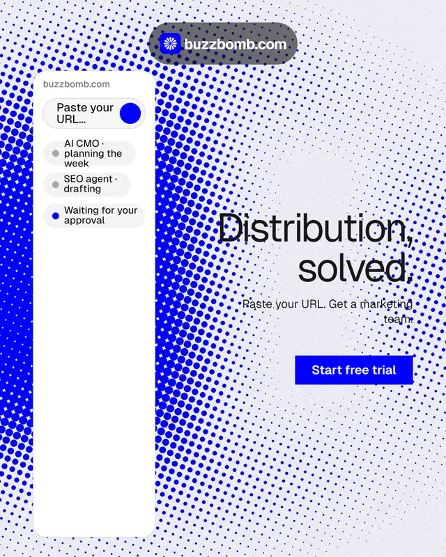 Instagram portrait post for BuzzBomb: "Distribution, solved." Swiss style, right layout, light palette in white, blue.