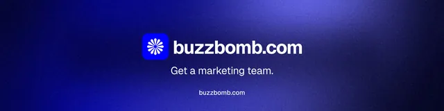 LinkedIn banner for BuzzBomb: "Get a marketing team." Swiss style, end card layout, dark palette in blue.