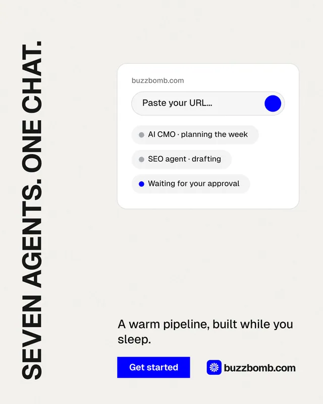 Instagram portrait post for BuzzBomb: "Seven agents. One chat." Swiss style, vertical layout, light palette in white.