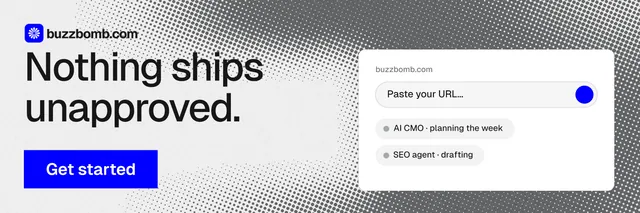 X header for BuzzBomb: "Nothing ships unapproved." Swiss style, skeleton layout, light palette in white, grey.