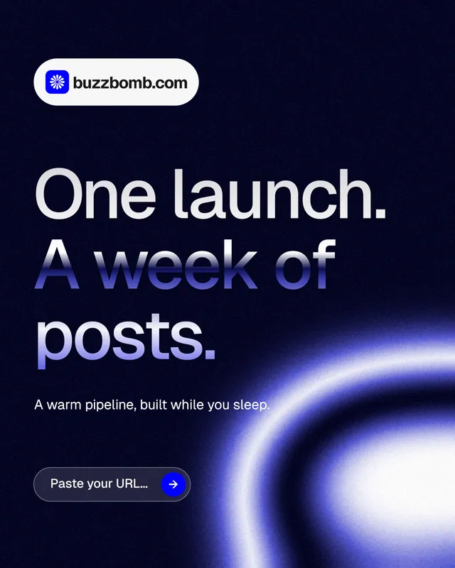 Instagram portrait post for BuzzBomb: "One launch. A week of posts." Agentic glass style, announce layout, dark palette in black, blue.