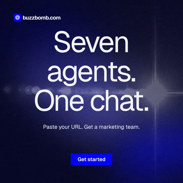 Instagram post for BuzzBomb: "Seven agents. One chat." Swiss style, centred layout, dark palette in black, blue, grey.