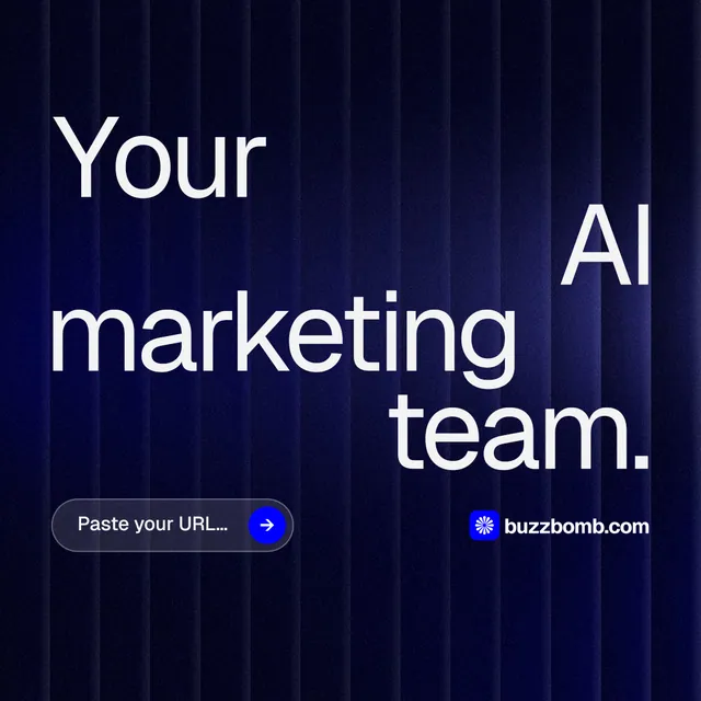 Instagram post for BuzzBomb: "Your AI marketing team." Agentic glass style, stacked layout, dark palette in black, blue, grey.
