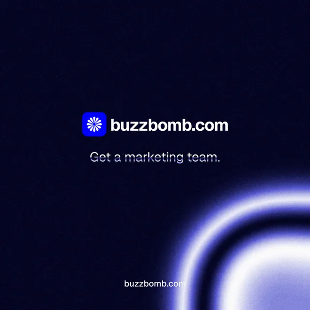 Instagram post for BuzzBomb: "Get a marketing team." Agentic glass style, end card layout, dark palette in black, blue.