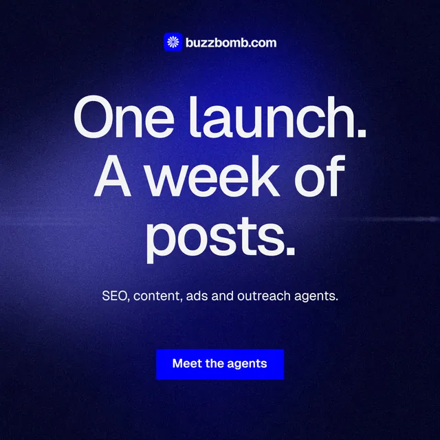 Instagram post for BuzzBomb: "One launch. A week of posts." Swiss style, centred layout, dark palette in black, blue.