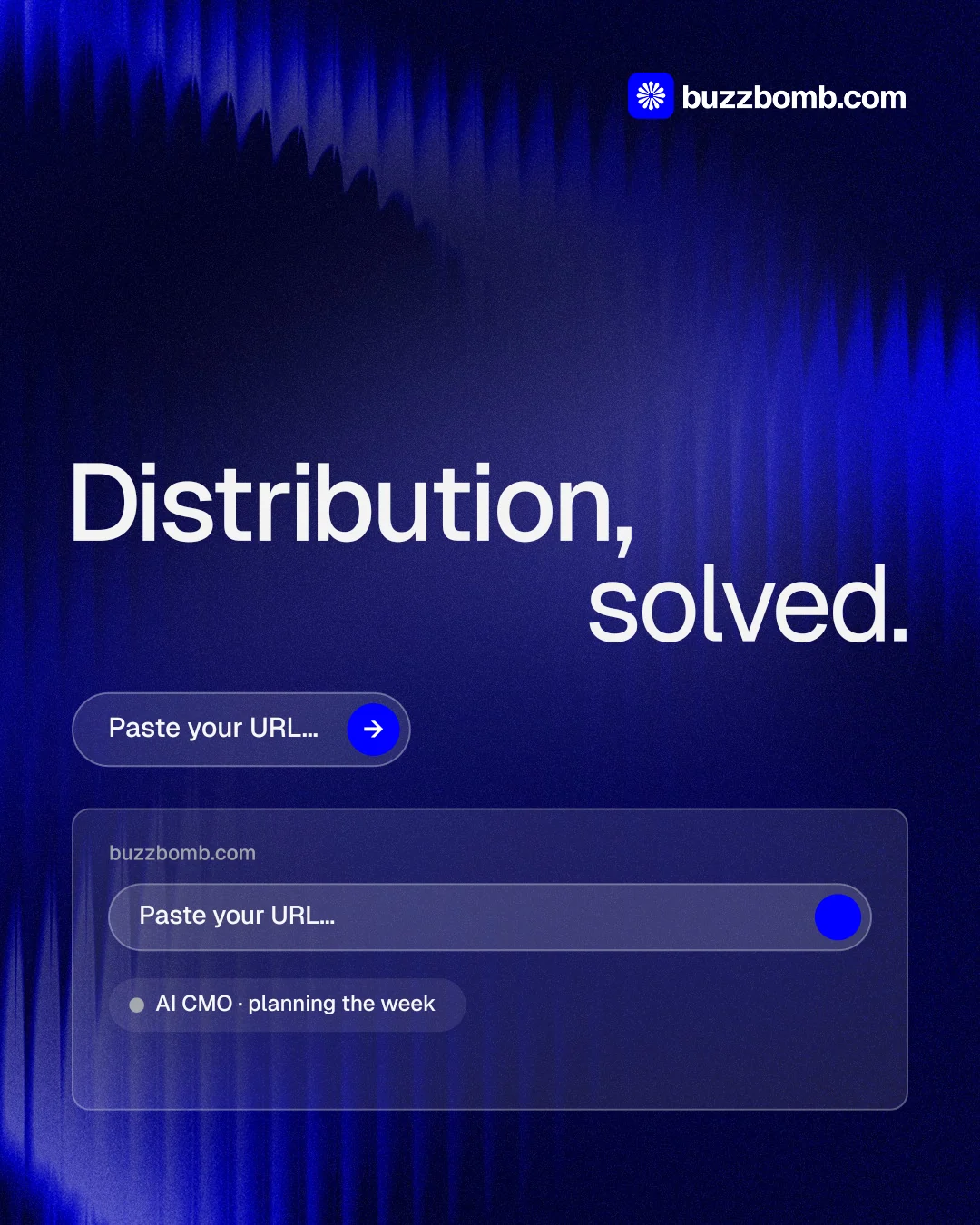 Instagram portrait post for BuzzBomb: "Distribution, solved." Agentic glass style, stacked layout, dark palette in black, blue.