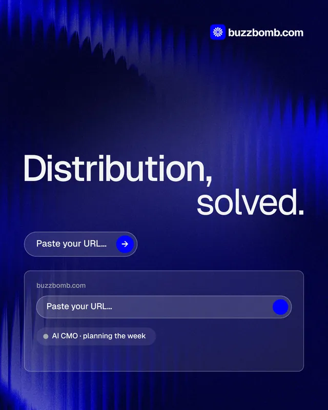 Instagram portrait post for BuzzBomb: "Distribution, solved." Agentic glass style, stacked layout, dark palette in black, blue.
