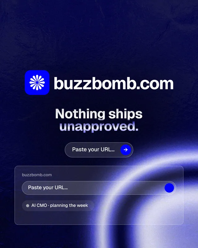 Instagram portrait post for BuzzBomb: "Nothing ships unapproved." Agentic glass style, logo hero layout, dark palette in blue, black.