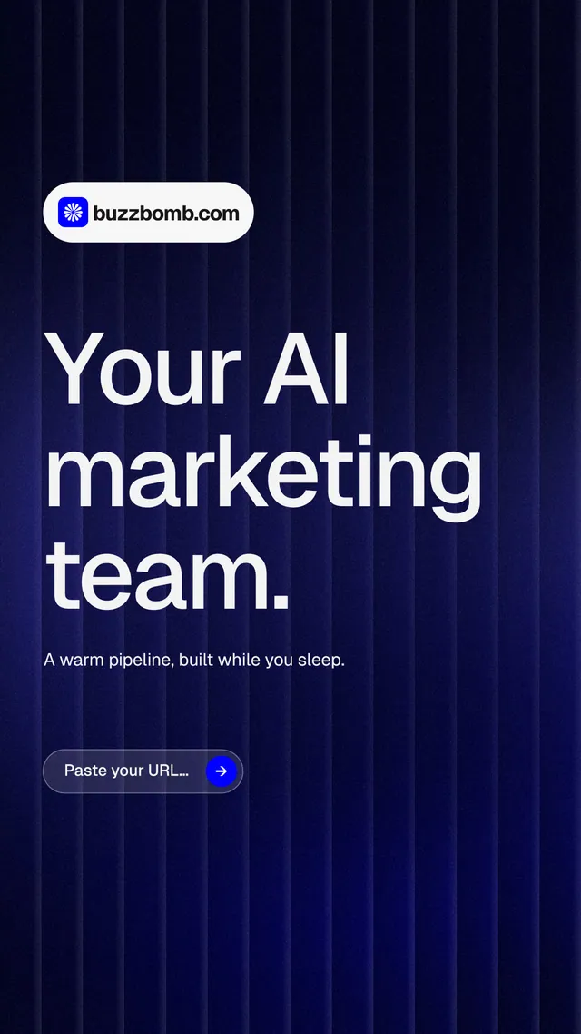 Instagram story for BuzzBomb: "Your AI marketing team." Agentic glass style, announce layout, dark palette in black, blue, grey.