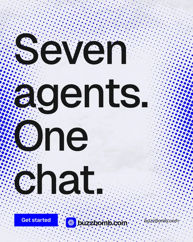 Instagram portrait post for BuzzBomb: "Seven agents. One chat." Swiss style, poster layout, light palette in blue, grey, white.