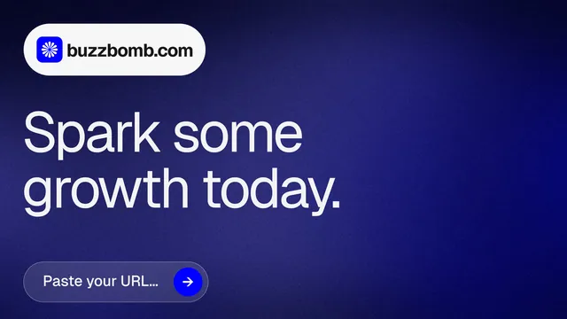 Landscape graphic for BuzzBomb: "Spark some growth today." Agentic glass style, announce layout, dark palette in blue, grey.