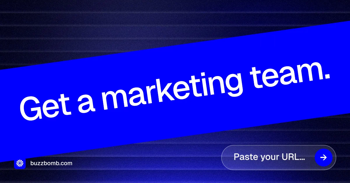 Social ad for BuzzBomb: "Get a marketing team." Agentic glass style, diagonal layout, dark palette in blue.