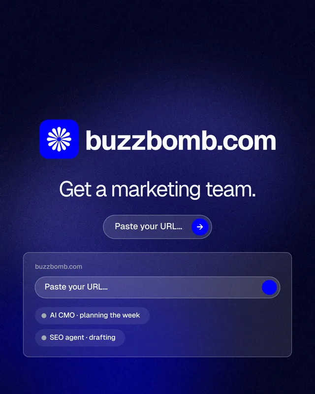 Instagram portrait post for BuzzBomb: "Get a marketing team." Agentic glass style, logo hero layout, dark palette in black, blue.