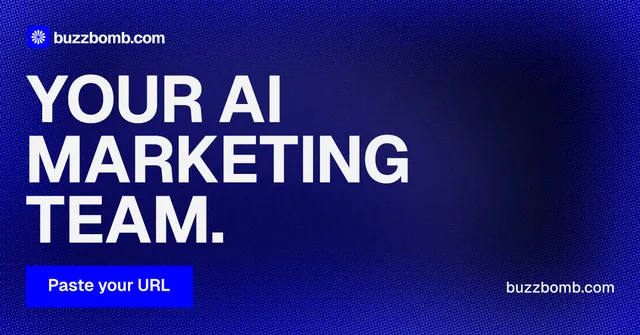 Social ad for BuzzBomb: "Your AI marketing team." Swiss style, poster layout, dark palette in blue.