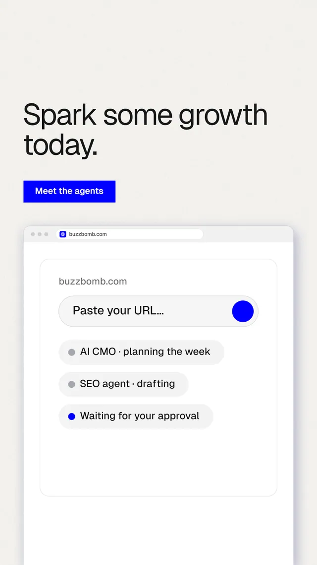 Instagram story for BuzzBomb: "Spark some growth today." Swiss style, browser layout, light palette in white.