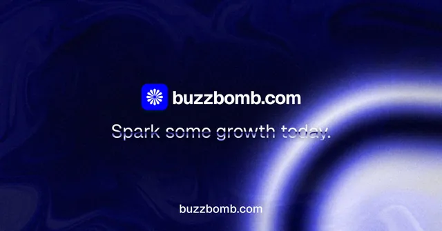 Social ad for BuzzBomb: "Spark some growth today." Agentic glass style, end card layout, dark palette in black, blue.