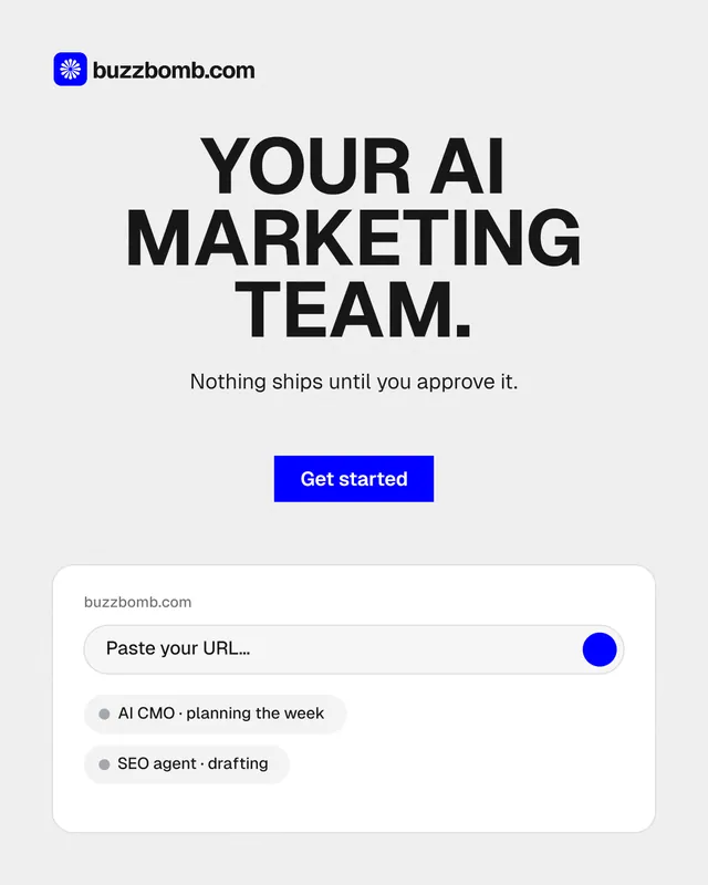 Instagram portrait post for BuzzBomb: "Your AI marketing team." Swiss style, centred layout, light palette in white, grey.