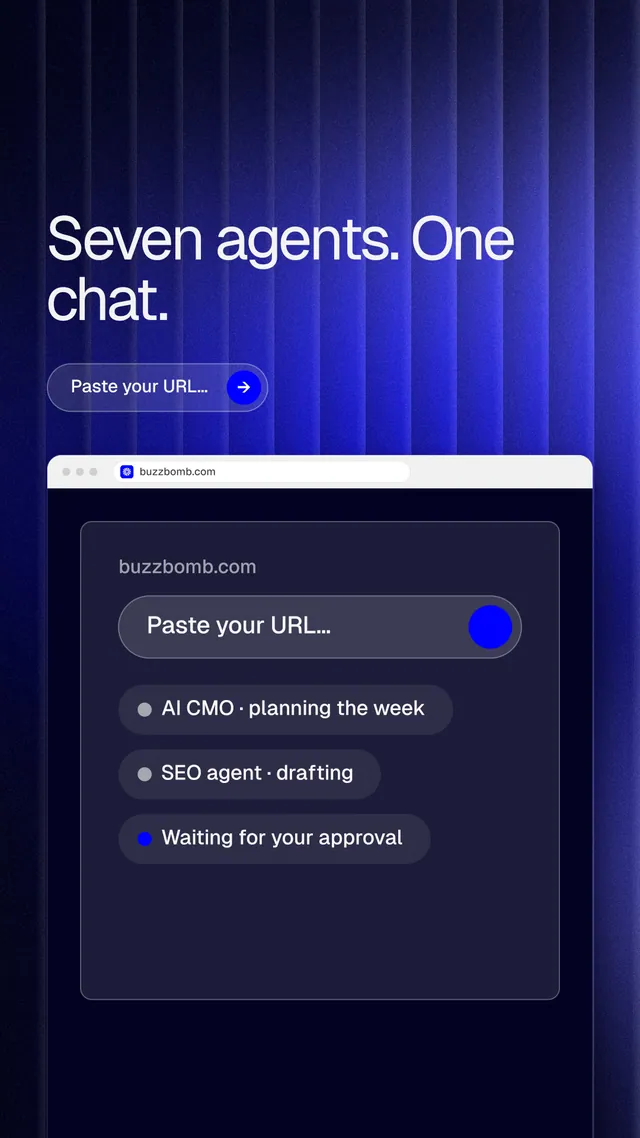 Instagram story for BuzzBomb: "Seven agents. One chat." Agentic glass style, browser layout, dark palette in blue, black.