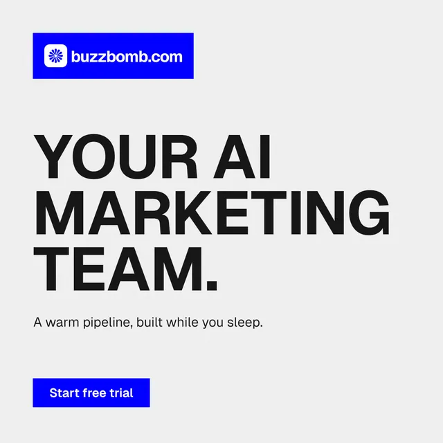 Instagram post for BuzzBomb: "Your AI marketing team." Swiss style, announce layout, light palette in white, blue.