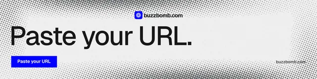 LinkedIn banner for BuzzBomb: "Paste your URL." Swiss style, poster layout, light palette in white, grey.