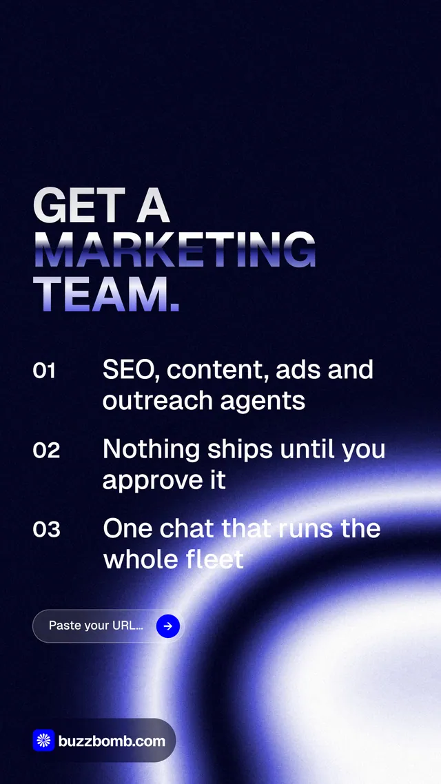 Instagram story for BuzzBomb: "Get a marketing team." Agentic glass style, numbered layout, dark palette in black, blue.