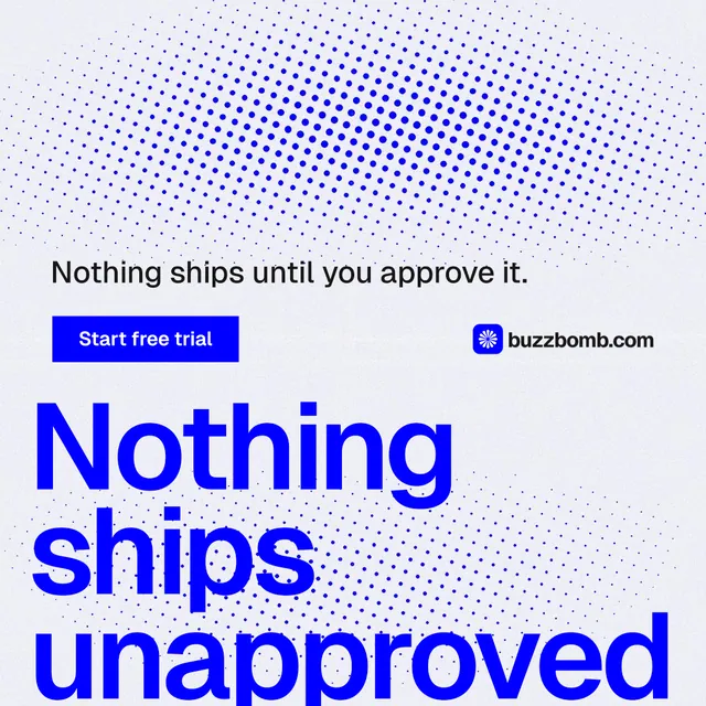 Instagram post for BuzzBomb: "Seven agents. One chat." Swiss style, oversized layout, light palette in white, blue.