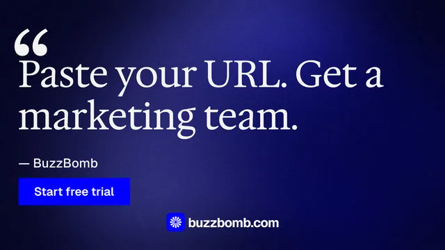 Landscape graphic for BuzzBomb: "Your AI marketing team." Swiss style, quote layout, dark palette in black, blue.