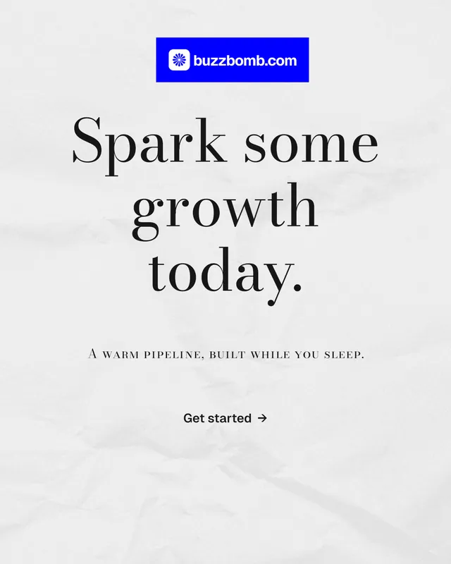Instagram portrait post for BuzzBomb: "Spark some growth today." Minimal luxury style, smallcaps layout, light palette in white, blue.