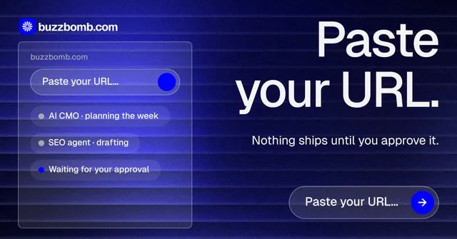 Social ad for BuzzBomb: "Paste your URL." Agentic glass style, right layout, dark palette in blue.