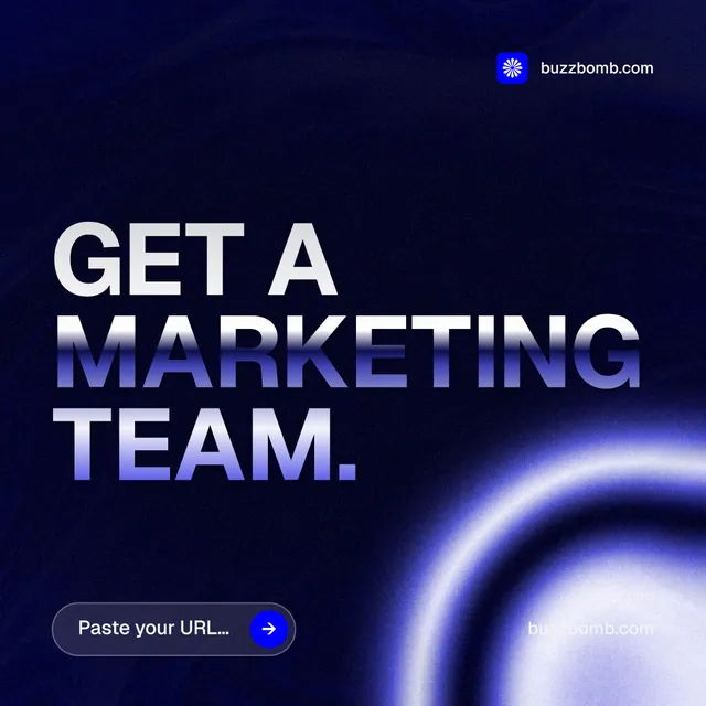 Instagram post for BuzzBomb: "Get a marketing team." Agentic glass style, poster layout, dark palette in black, blue.