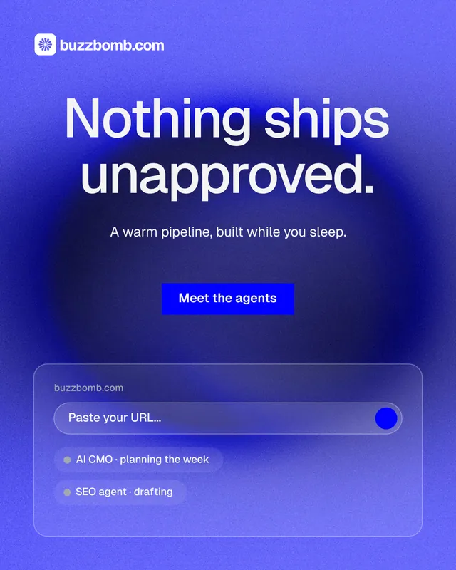Instagram portrait post for BuzzBomb: "Nothing ships unapproved." Swiss style, centred layout, dark palette in blue.