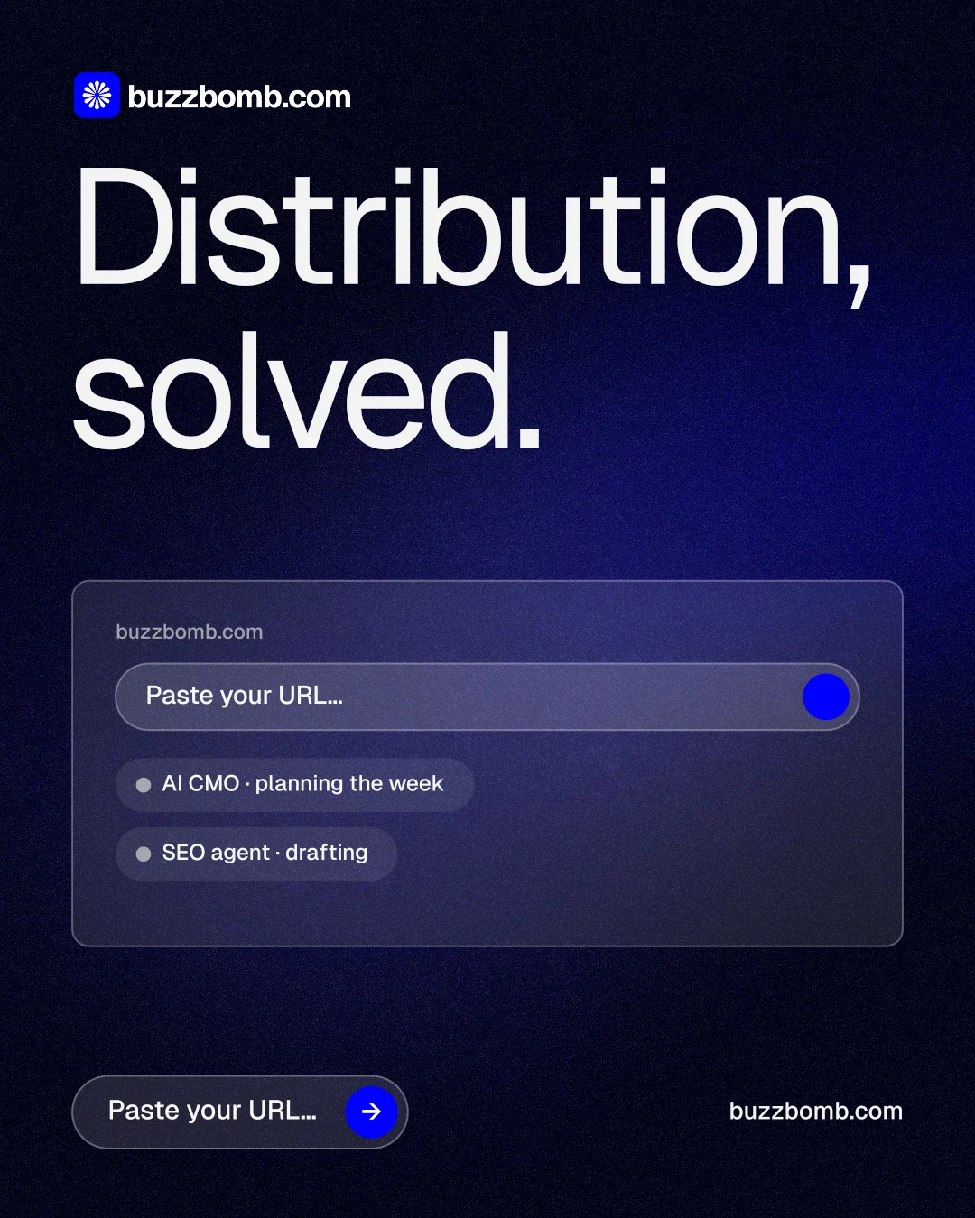 Instagram portrait post for BuzzBomb: "Distribution, solved." Agentic glass style, poster layout, dark palette in blue, black, grey.