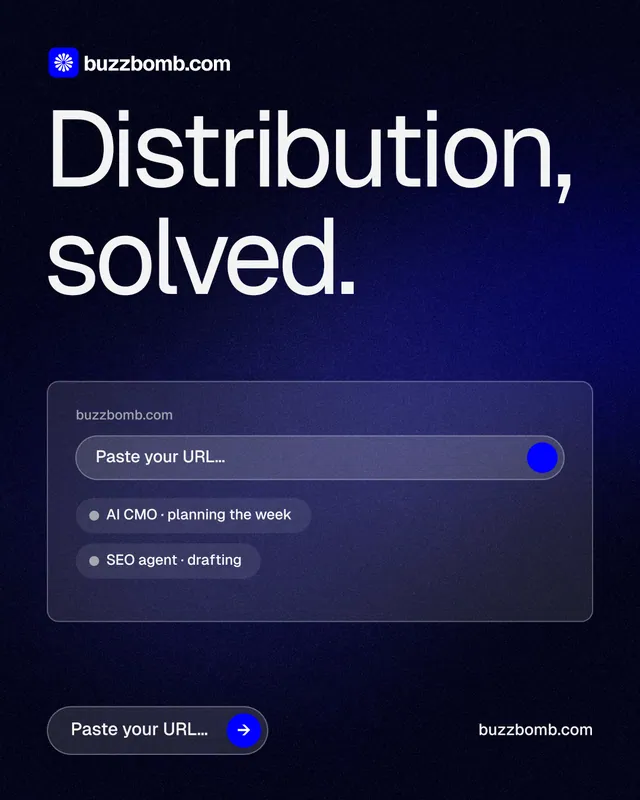 Instagram portrait post for BuzzBomb: "Distribution, solved." Agentic glass style, poster layout, dark palette in blue, black, grey.
