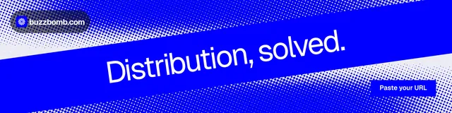 LinkedIn banner for BuzzBomb: "Distribution, solved." Swiss style, diagonal layout, dark palette in blue.