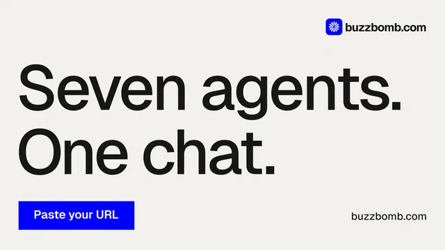 Landscape graphic for BuzzBomb: "Seven agents. One chat." Swiss style, poster layout, light palette in white, grey.