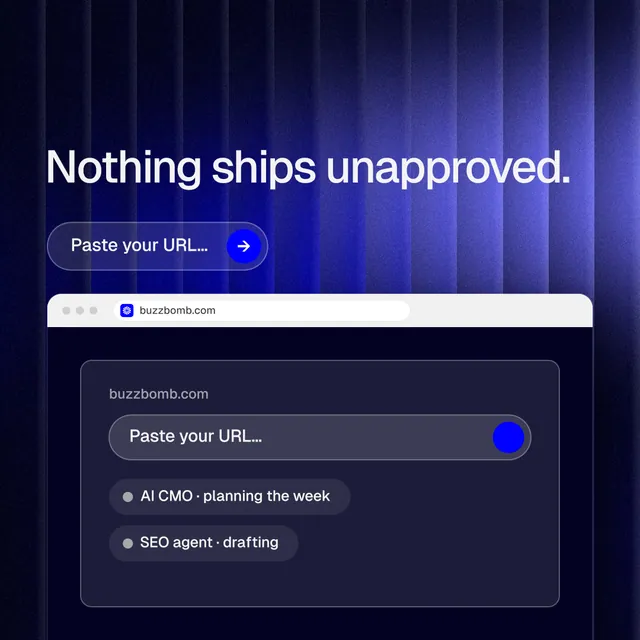 Instagram post for BuzzBomb: "Nothing ships unapproved." Agentic glass style, browser layout, dark palette in black, blue.