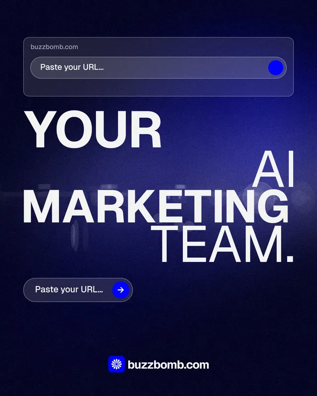 Instagram portrait post for BuzzBomb: "Your AI marketing team." Agentic glass style, stacked layout, dark palette in black, blue, grey.
