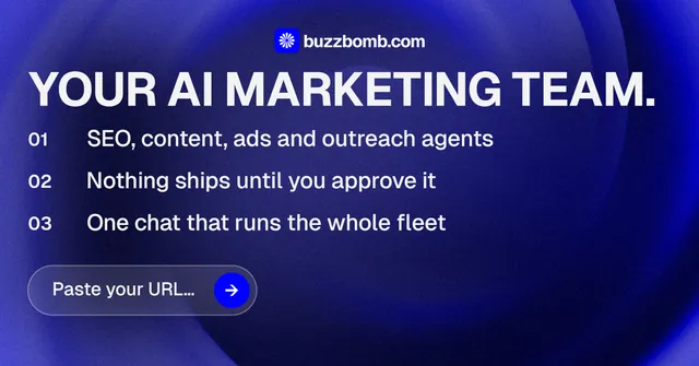 Social ad for BuzzBomb: "Your AI marketing team." Agentic glass style, numbered layout, dark palette in blue.