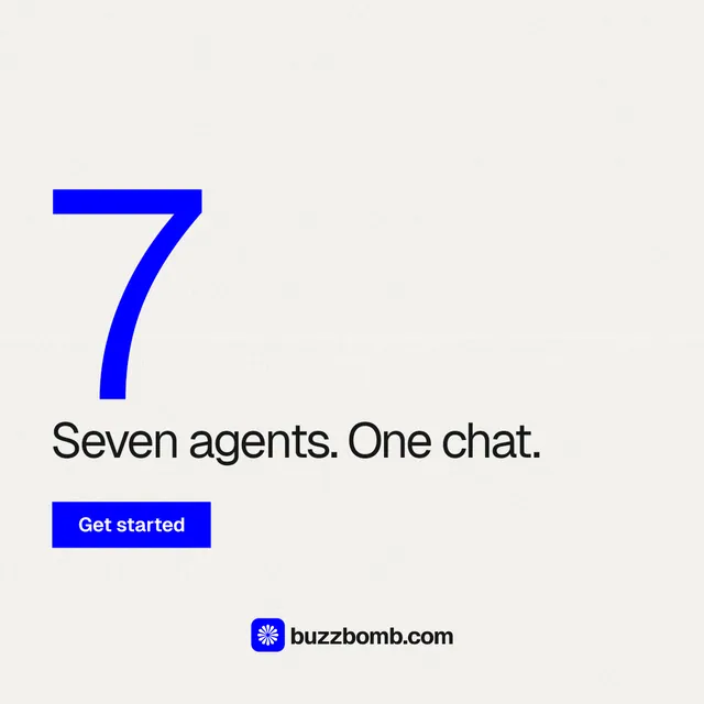 Instagram post for BuzzBomb: "Seven agents. One chat." Swiss style, stat layout, light palette in white, blue.