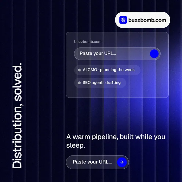 Instagram post for BuzzBomb: "Distribution, solved." Agentic glass style, vertical layout, dark palette in black, blue.