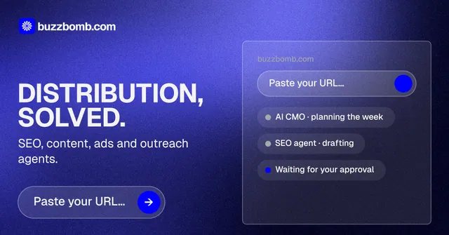 Social ad for BuzzBomb: "Distribution, solved." Agentic glass style, bottom layout, dark palette in blue.