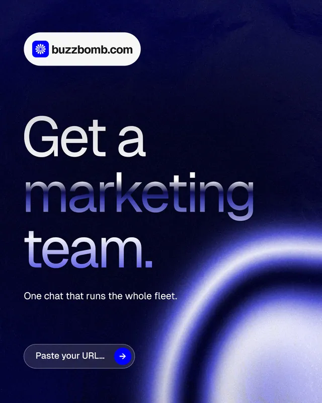 Instagram portrait post for BuzzBomb: "Get a marketing team." Agentic glass style, announce layout, dark palette in black, blue.