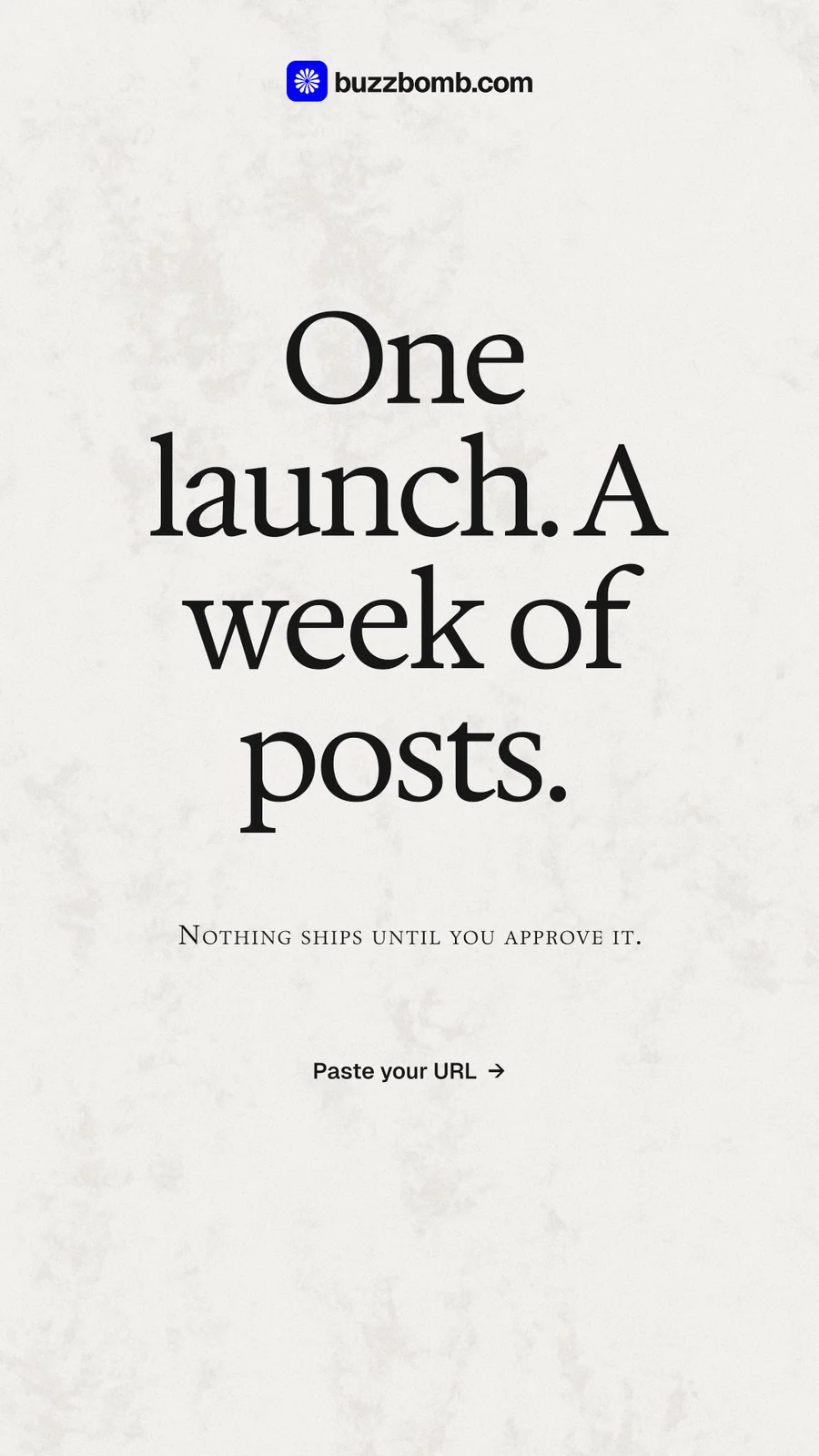 Instagram story for BuzzBomb: "One launch. A week of posts." Swiss style, smallcaps layout, light palette in white, grey.