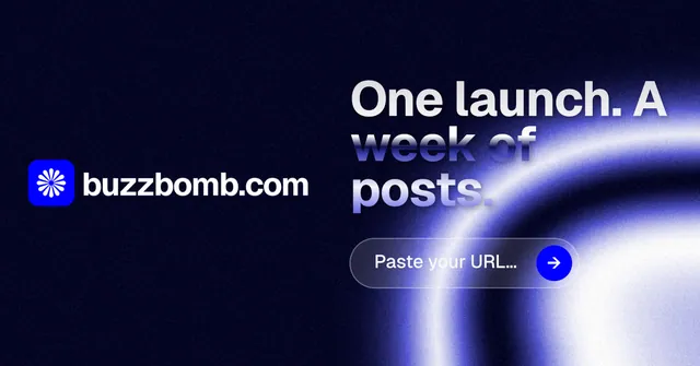 Social ad for BuzzBomb: "One launch. A week of posts." Agentic glass style, logo hero layout, dark palette in black, blue.