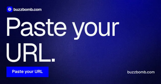 Social ad for BuzzBomb: "Paste your URL." Swiss style, poster layout, dark palette in blue.