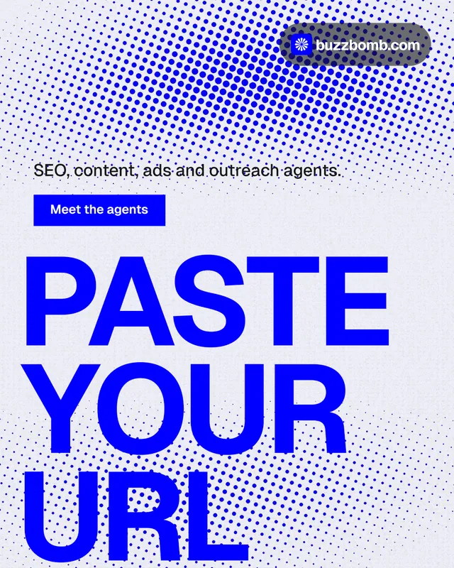 Instagram portrait post for BuzzBomb: "Paste your URL." Swiss style, oversized layout, light palette in blue, white.
