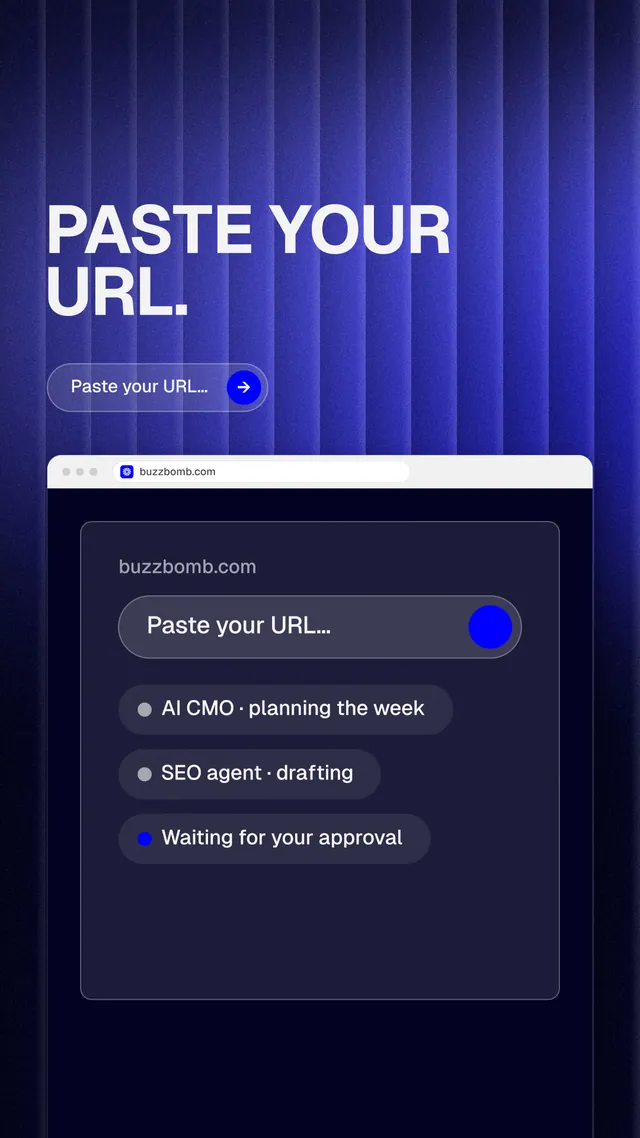 Instagram story for BuzzBomb: "Paste your URL." Agentic glass style, browser layout, dark palette in blue, black.