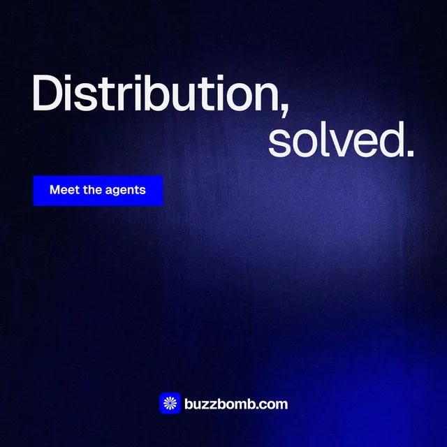 Instagram post for BuzzBomb: "Distribution, solved." Swiss style, stacked layout, dark palette in black, blue.